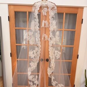 Vintage Lace Cathedral Length Mantilla Wedding Veil with Beading Detail